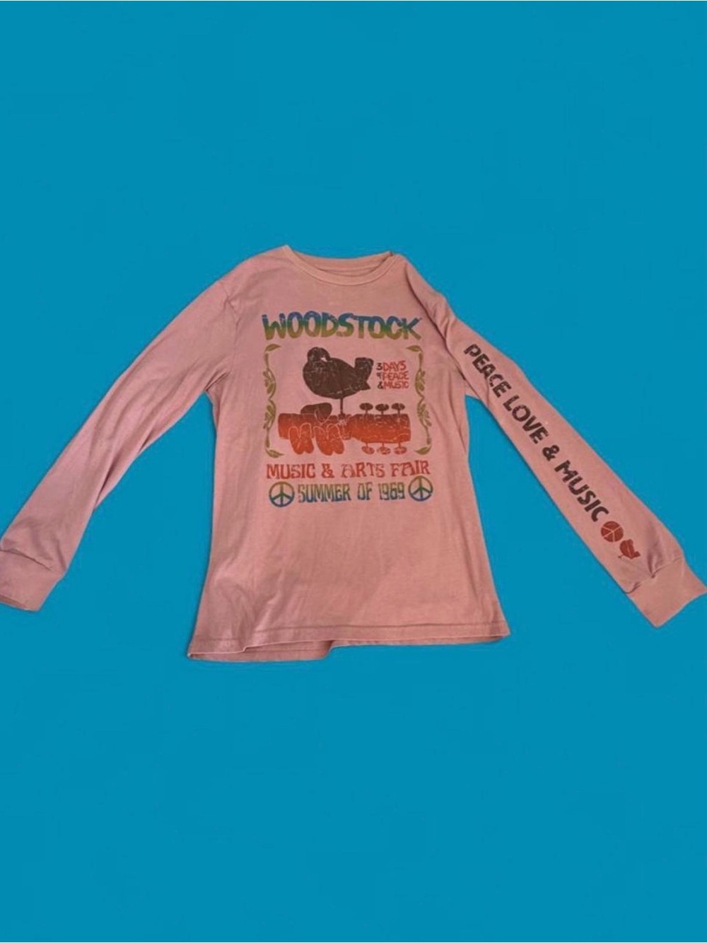 Hippie Woodstock Coral Pink Long-Sleeve Graphic Tee - Peace Love & Music